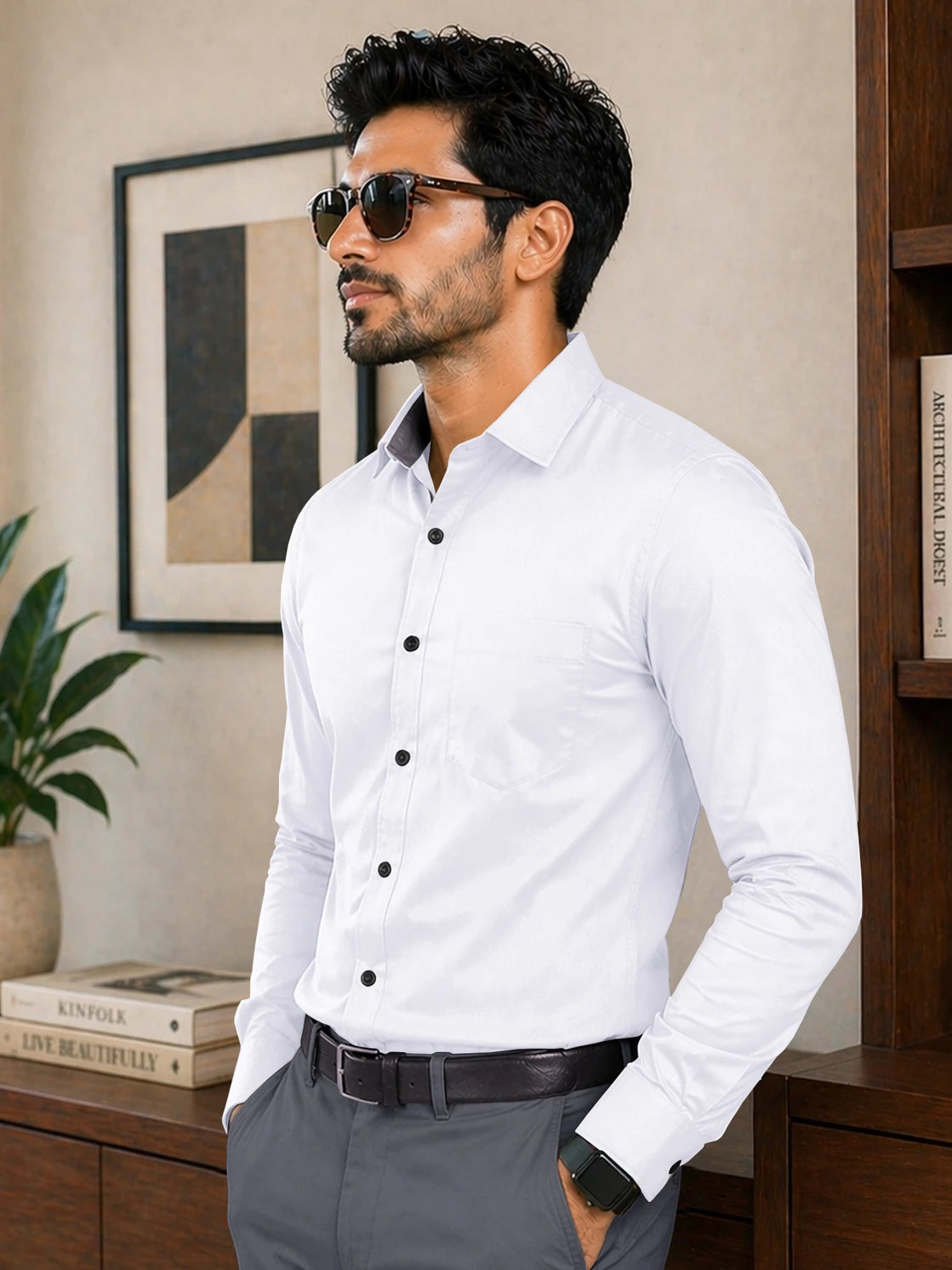 Men Regular Fit Solid Button Down Collar Formal Shirt